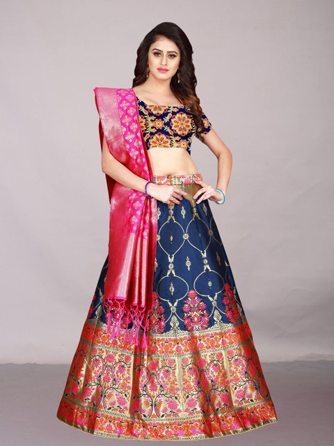 

Ekta Textiles Navy Blue & Pink Semi-Stitched Lehenga & Unstitched Blouse With Dupatta
