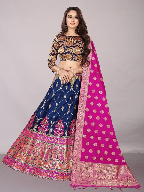 

Ekta Textiles Navy Blue & Pink Semi-Stitched Lehenga & Unstitched Blouse With Dupatta