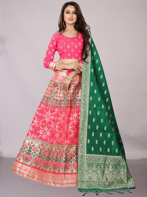 

Ekta Textiles Pink & Green Semi-Stitched Lehenga & Unstitched Blouse With Dupatta