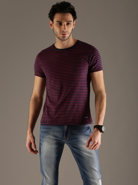 

Flying Machine Men Navy Red Striped Pure Cotton T-shirt, Navy blue