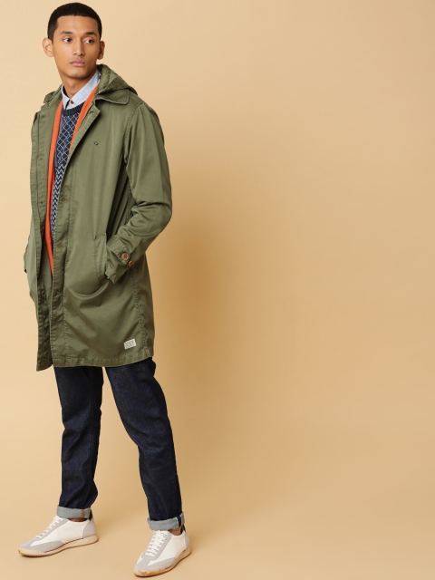 

Mr Bowerbird Men Olive Green Longline Garment Dyed Jacket with Backpack Strap