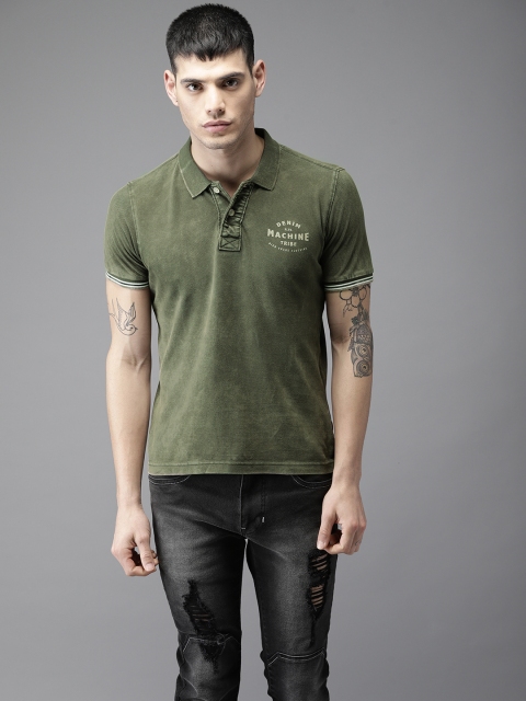 

Flying Machine Men Olive Green Printed Polo Collar Pure Cotton T-shirt