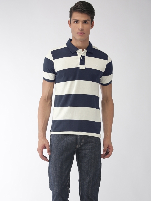 

Flying Machine Men White & Navy Blue Striped Polo Collar T-shirt