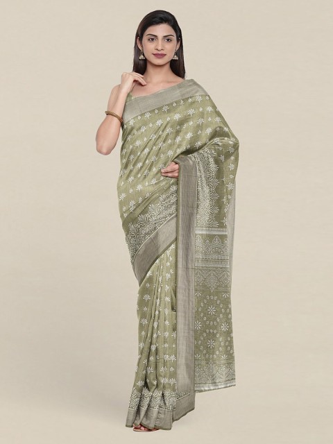 

Pothys Green & White Floral Cotton Blend Saree