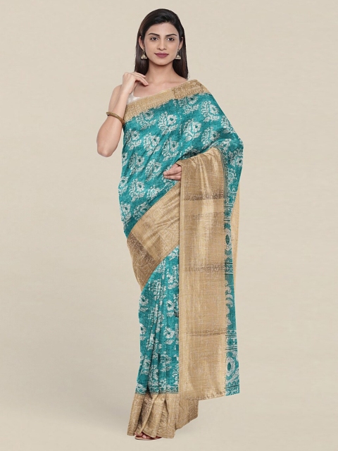 

Pothys Blue & Beige Floral Cotton Blend Zari Saree