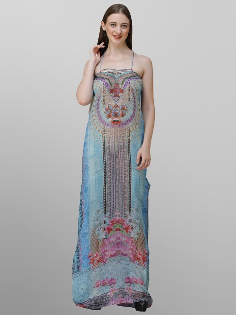 

Rajoria Instyle Women Blue Ethnic Motifs Georgette Ethnic Kaftan Maxi Dress