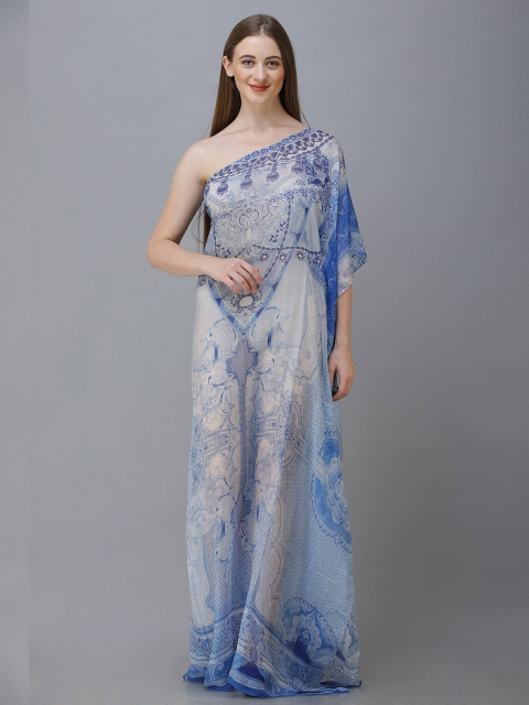 

Rajoria Instyle Women White & Blue Ethnic Motifs One Shoulder Georgette Ethnic Maxi Dress