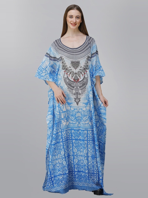 

Rajoria Instyle Women Blue & White Ethnic Motifs Georgette Ethnic Kaftan Maxi Dress