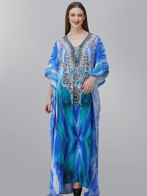 

Rajoria Instyle Women Blue & Black Ethnic Motifs Georgette Ethnic Kaftan Maxi Dress