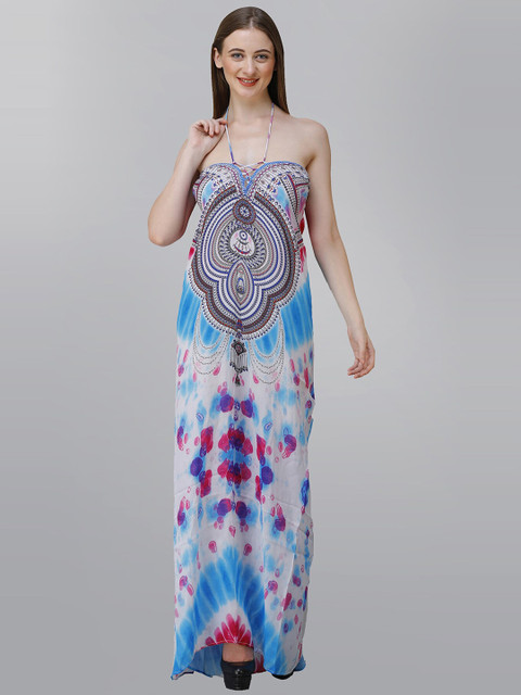

Rajoria Instyle Women Blue Ethnic Motifs Halter Neck Georgette Ethnic Maxi Dress