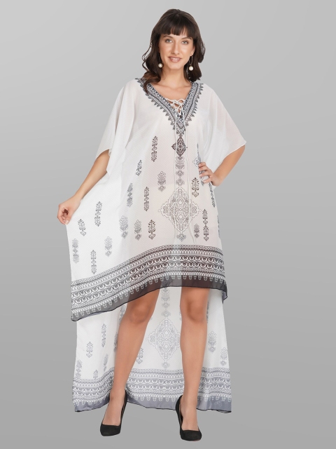 

Rajoria Instyle Women White & Brown Ethnic Motifs Georgette Ethnic Kaftan Dress