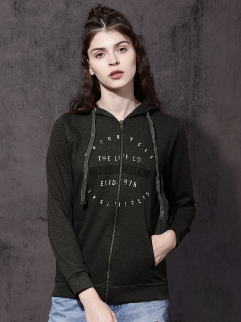 

Roadster Women Charcoal Grey Printed Hooded Sweatshirt