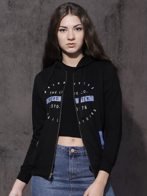 

Roadster Women Black Printed Hooded Sweatshirt