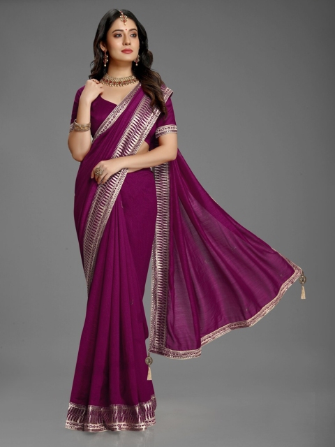 

Lady Style Purple & Silver-Toned Embroidered Pure Mysore Silk Lace Saree