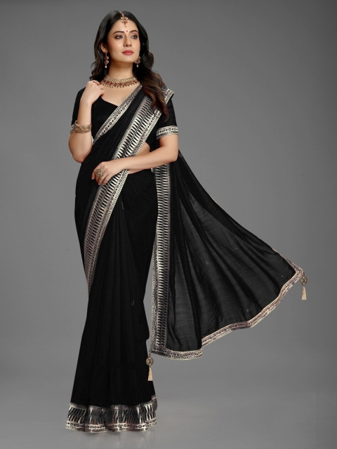 

Lady Style Black & Gold-Toned Embroidered Pure Mysore Silk Lace Saree