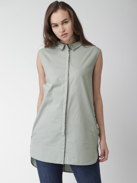 

Mast & Harbour Women Grey Solid Shirt Style High-Low Top