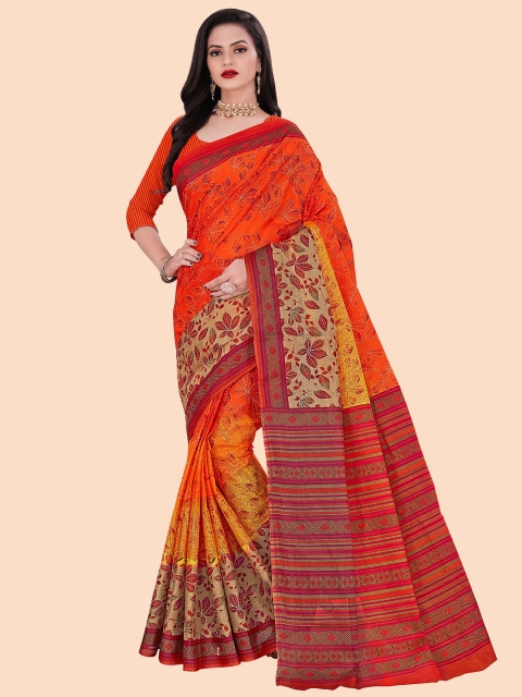 

FEMMIBELLA Orange & Red Floral Pure Cotton Saree