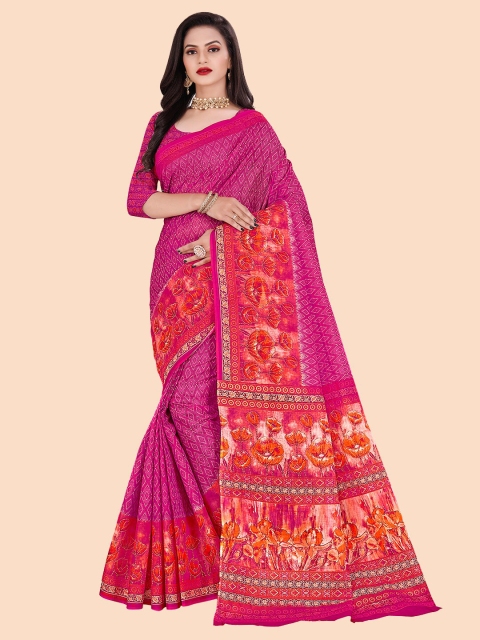 

FEMMIBELLA Pink & Orange Pure Cotton Saree with Blouse Piece