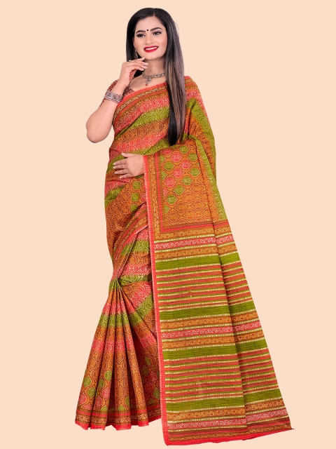 

FEMMIBELLA Red & Green Floral Pure Cotton Saree