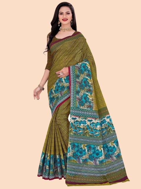 

FEMMIBELLA Olive Green & Blue Floral Pure Cotton Saree