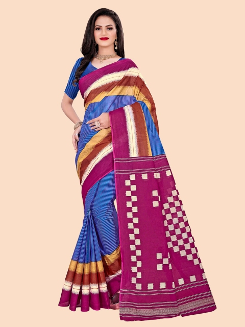 

FEMMIBELLA Blue & Pink Striped Pure Cotton Saree