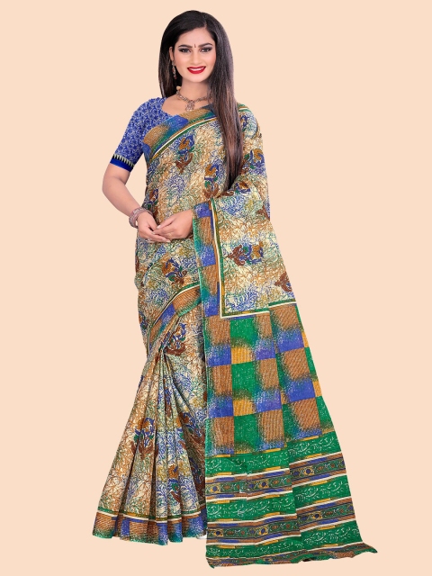 

FEMMIBELLA Green & Blue Floral Pure Cotton Saree