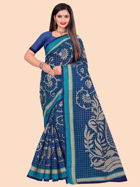 

FEMMIBELLA Blue & Grey Floral Pure Cotton Saree
