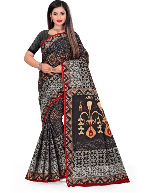 

FEMMIBELLA Black & Red Floral Pure Cotton Saree