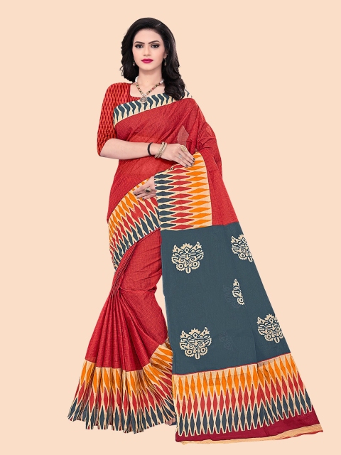 

FEMMIBELLA Red & Blue Pure Cotton Saree