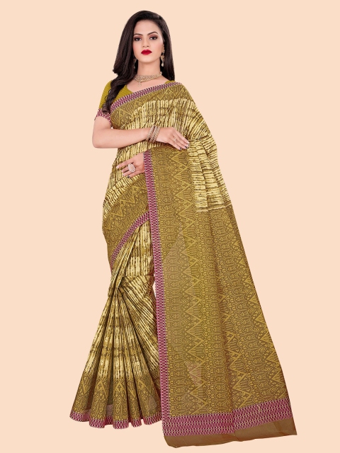 

FEMMIBELLA Women Olive Green & White Printed Pure Cotton Saree With Blouse Piece
