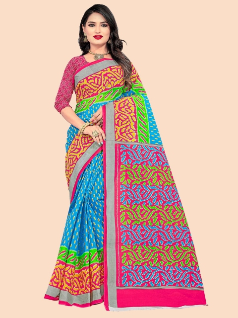 

FEMMIBELLA Blue & Green Pure Cotton Ikat Saree with Blouse Piece