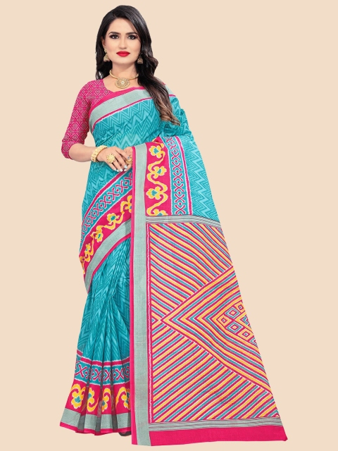 

FEMMIBELLA Turquoise Blue & Pink Pure Cotton Ikat Saree