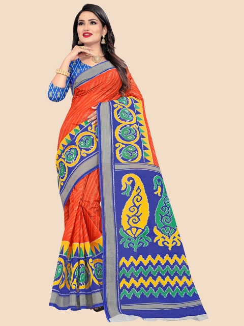 

FEMMIBELLA Orange & Blue Pure Cotton Ikat Saree