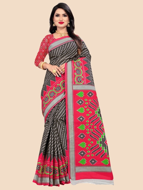 

FEMMIBELLA Grey & Green Pure Cotton Ikat Saree