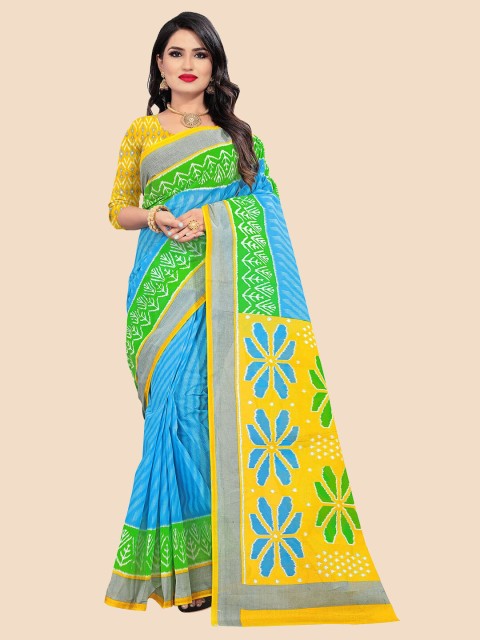 

FEMMIBELLA Blue & Yellow Striped Pure Cotton Ikat Saree