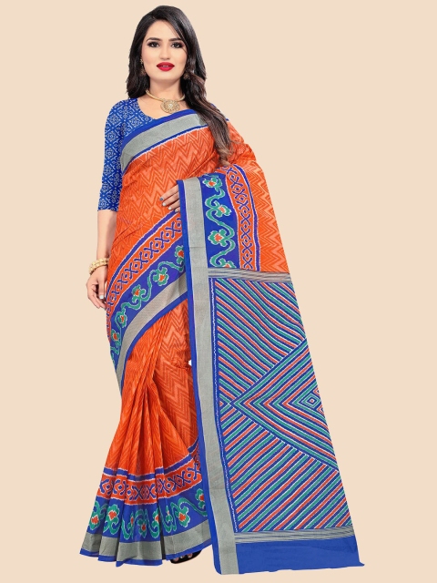 

FEMMIBELLA Orange & Blue Pure Cotton Ikat Saree