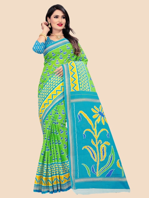 

FEMMIBELLA Green & Blue Ethnic Motifs Pure Cotton Ikat Saree