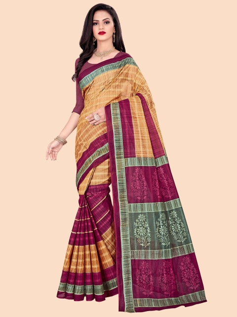 

FEMMIBELLA Brown & Burgundy Checked Pure Cotton Saree