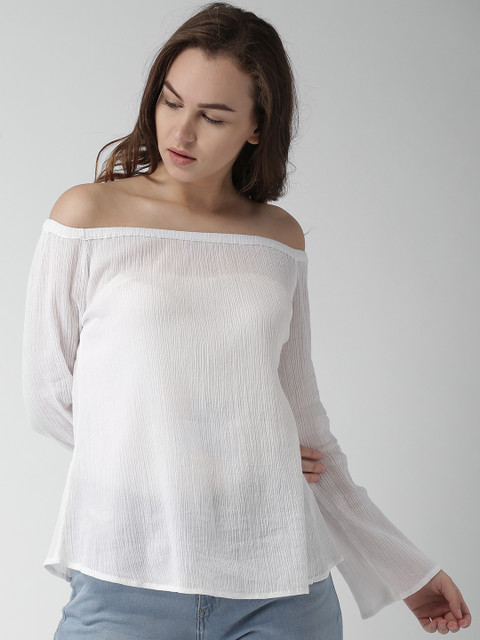 

Mast & Harbour Women White Solid Semi-Sheer Bardot Top