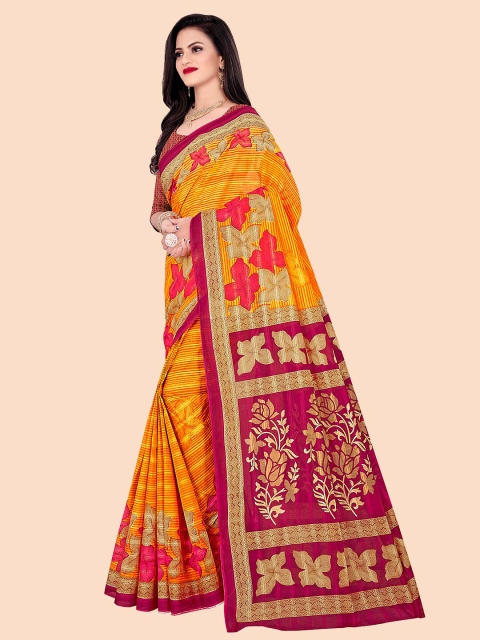 

FEMMIBELLA Yellow & Maroon Floral Pure Cotton Saree