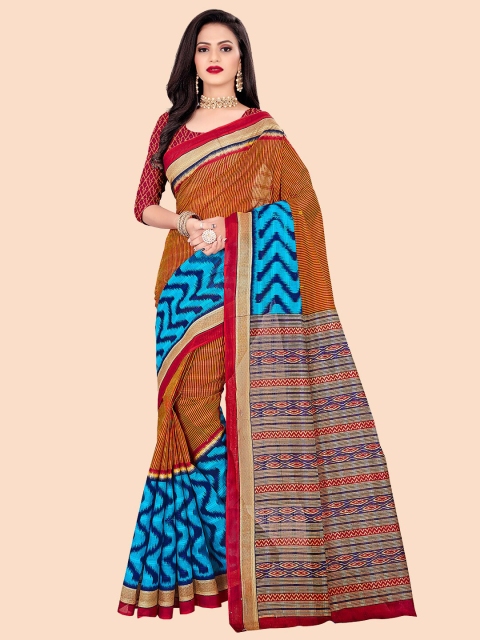 

FEMMIBELLA Yellow & Maroon Striped Pure Cotton Saree