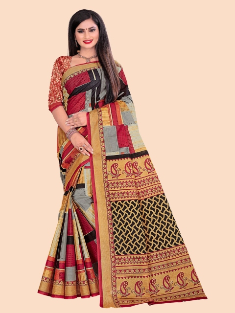 

FEMMIBELLA Beige & Red Colourblocked Pure Cotton Saree