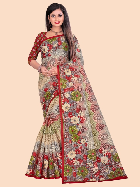 

FEMMIBELLA Red & Green Floral Pure Cotton Saree