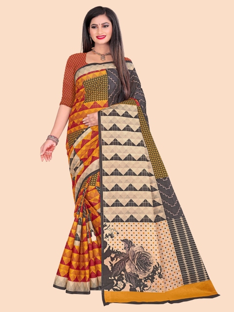

FEMMIBELLA Orange & Red Geometric Printed Pure Cotton Saree
