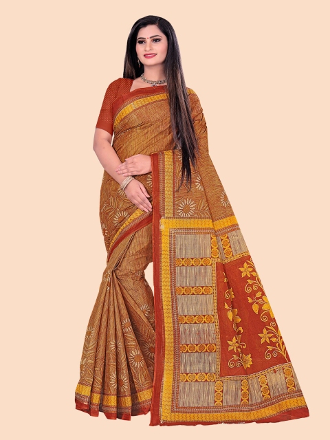 

FEMMIBELLA Brown & Orange Floral Pure Cotton Saree