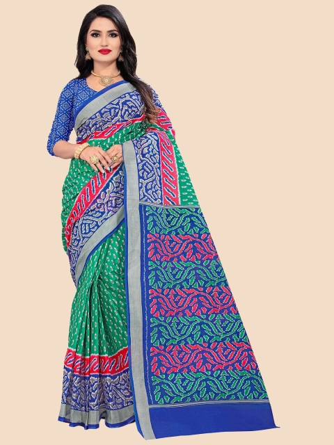 

FEMMIBELLA Green & Blue Pure Cotton Printed Ikat Saree