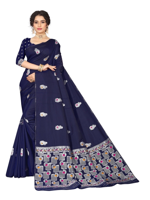 

Rivana Navy Blue & Silver-Toned Ethnic Motifs Pure Silk Banarasi Saree