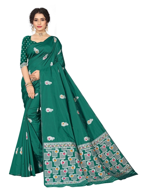

Rivana Women Teal & Silver Woven Design Pure Silk Banarasi Saree