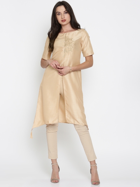 

Anouk Women Beige Embroidered Asymmetrical Hem A-Line Kurta