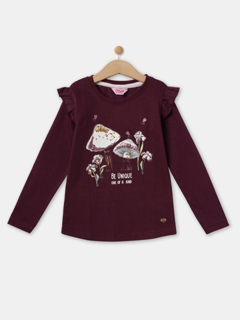 

R&B Girls Printed Ruffles Top, Maroon